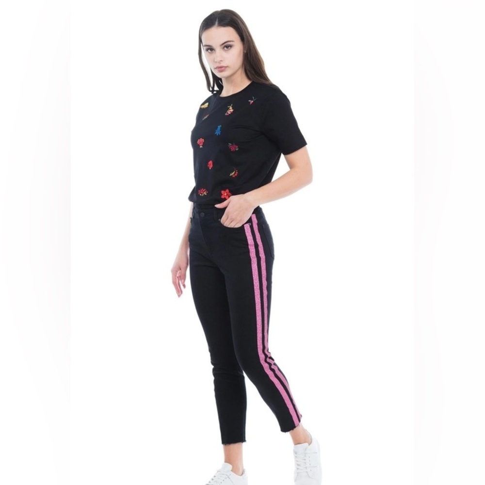 Escada Sport Black Skinny Jeans with Pink Metallic Glitter Stripe